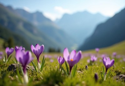 Purple flowers bloom in a picturesque mountain valley