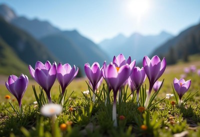 Purple crocuses bloom in a mountain valley landscape