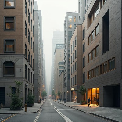 Foggy city street with modern buildings at dusk