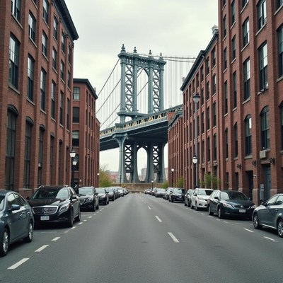 City street view with bridge in the background