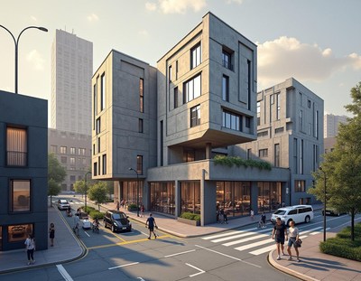 Modern architecture in an urban setting at sunset