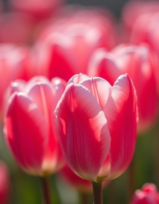 Vibrant pink tulips bloom under gentle sunlight in spring