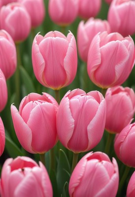 Pink tulips bloom in a vibrant spring garden