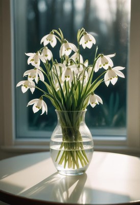 Snowdrop flowers in a vase by the window in sunlight