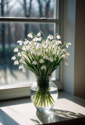 Snowdrop flowers in a vase by a sunny window