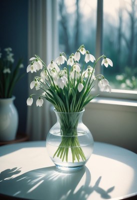 Snowdrop flowers in a bright vase near a window