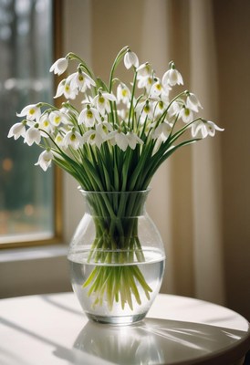 Fresh snowdrop flowers arranged in a clear vase