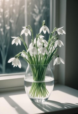 Beautiful snowdrop flowers in a glass vase by the window