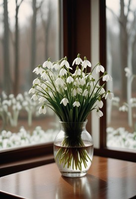 Snowdrop flowers in a glass vase by the window