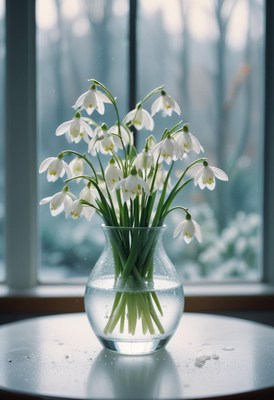 Snowdrop flowers brighten a cozy indoor space in winter