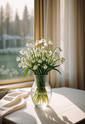 Snowdrop flowers in a vase by a sunlit window