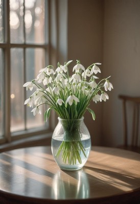 Snowdrop flowers in a vase on a wooden table