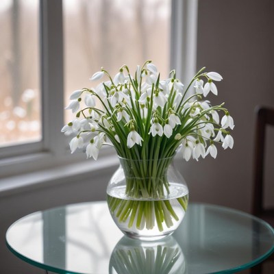 Snowdrop flowers in a vase beside a window indoors