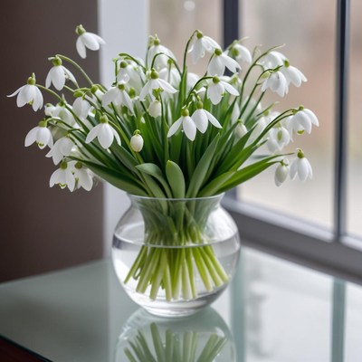 Fresh snowdrop flowers arranged in a vase by a window