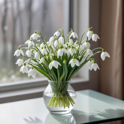 Snowdrop flowers in a vase by the window
