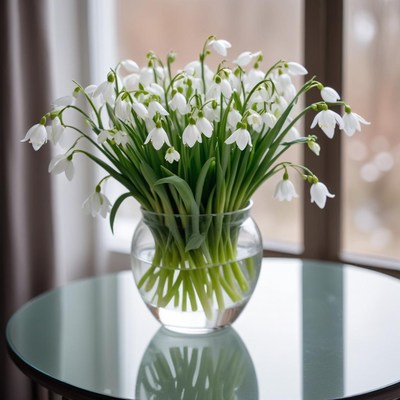 Snowdrop flowers in a glass vase by the window