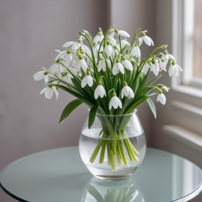 Fresh snowdrop flowers in a vase on a table