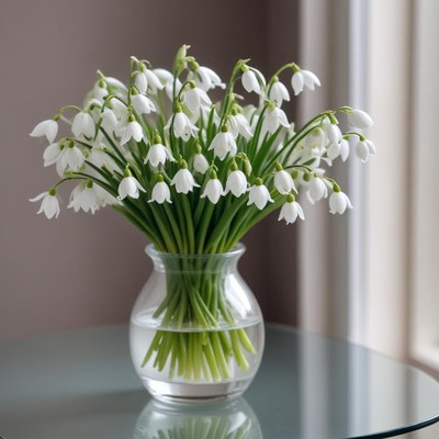Snowdrop bouquet in a clear vase on a table