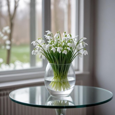 Snowdrop flowers in a glass vase on a table
