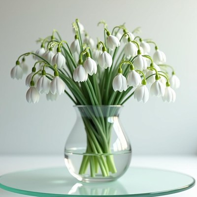 Snowdrop flowers arranged in a glass vase on a table