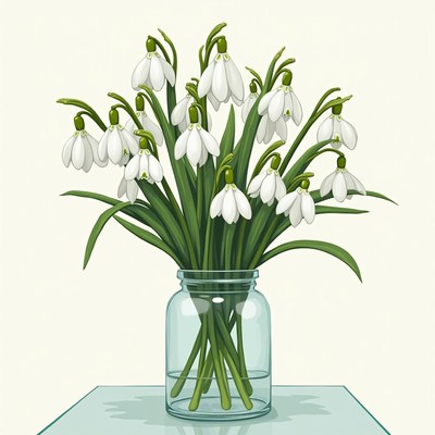 Fresh snowdrop flowers arranged in a glass jar