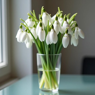 Fresh snowdrops in a glass vase on a table