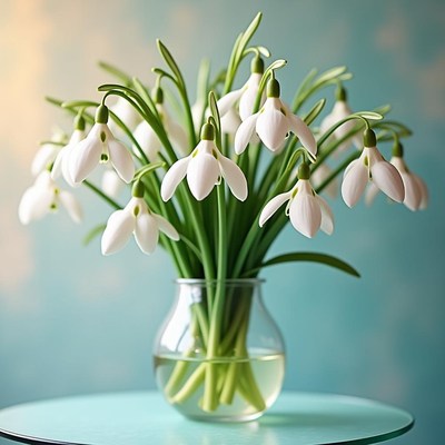 Beautiful bouquet of snowdrop flowers in a vase