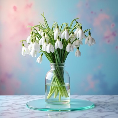 Snowdrop flowers arranged in a glass vase on a surface