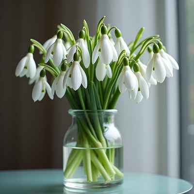Beautiful snowdrop flowers arranged in a glass vase
