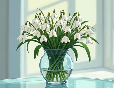 Elegant snowdrop flowers in a glass vase on a table