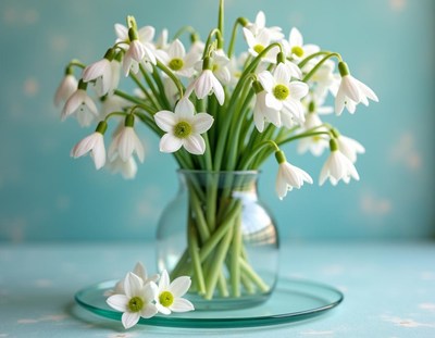 Elegant snowdrop flowers arranged in a glass vase