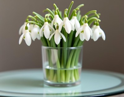 Snowdrop flowers arranged in a clear glass vase on a table