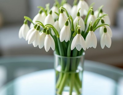 Snowdrop flowers arranged in a clear glass vase indoors