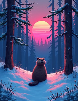 Sunset over snow-covered forest with a furry animal