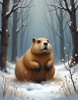 Winter portrait of a beaver in a snowy forest