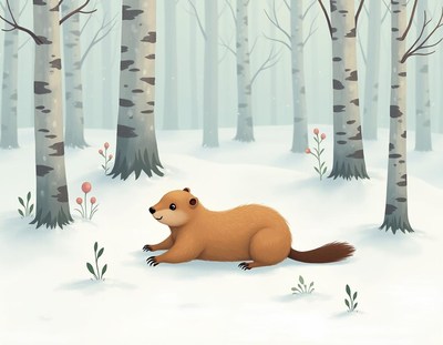 Cute mammal resting in snowy forest with birch trees