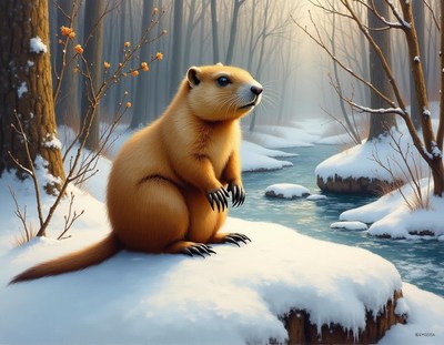 Winter scene featuring a marmot beside a stream
