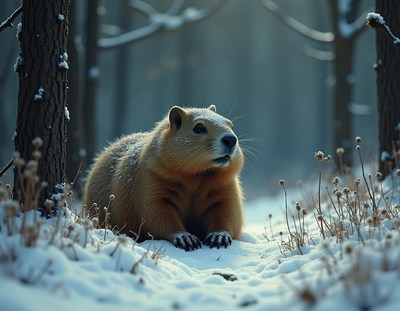 Marmot in a snowy forest during winter morning