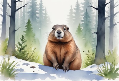 Marmot resting in a snowy forest setting