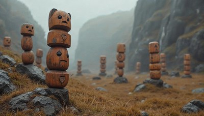 Mysterious wooden totems in a foggy valley landscape