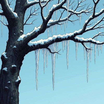 Snowy tree branches with icicles hanging in winter