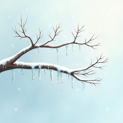 Icicles hang from snowy tree branches in winter light