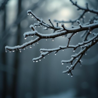 Snow-covered branches glistening with ice droplets