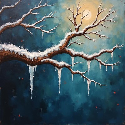 Snowy branch with icicles under a bright moonlight