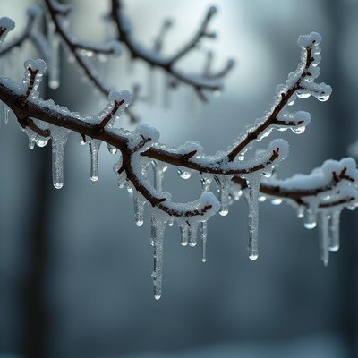 Icicles hang from branches in a winter forest setting