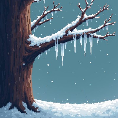 Winter tree with snow and icicles during snowfall