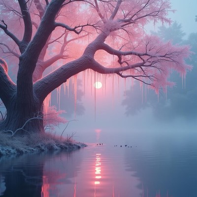 Serene twilight at a misty lake with a vibrant tree