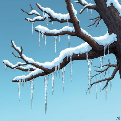 Snow-covered branches with icicles hanging down
