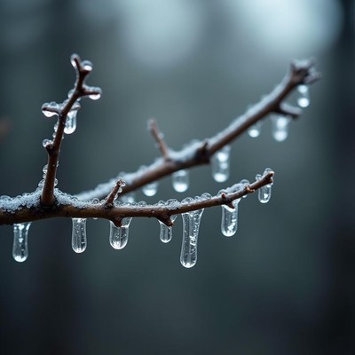 Raindrops collect on a delicate tree branch in winter
