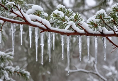 Icicles hanging from snowy pine branches in winter